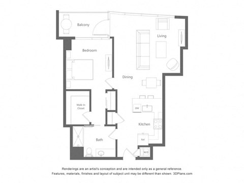 Floor plan for 1 bed, 1 bath, 847 sqft